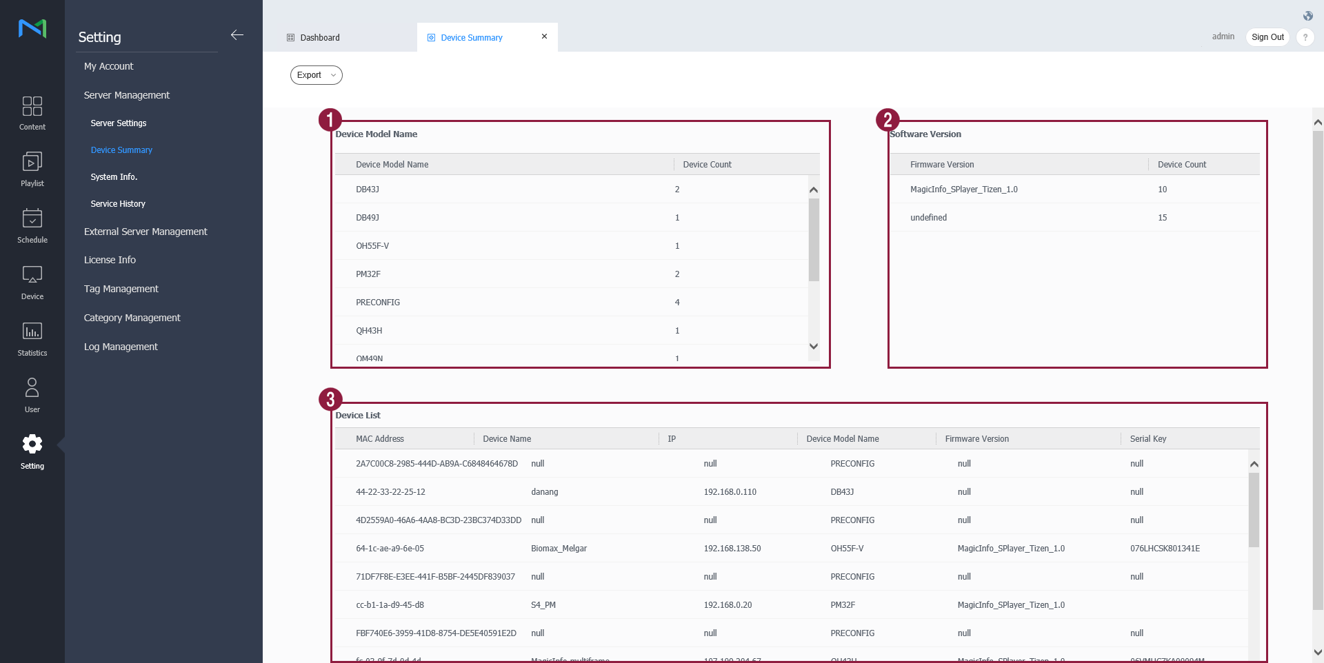 장치 요약 정보 보기 MagicINFO Server Global Site