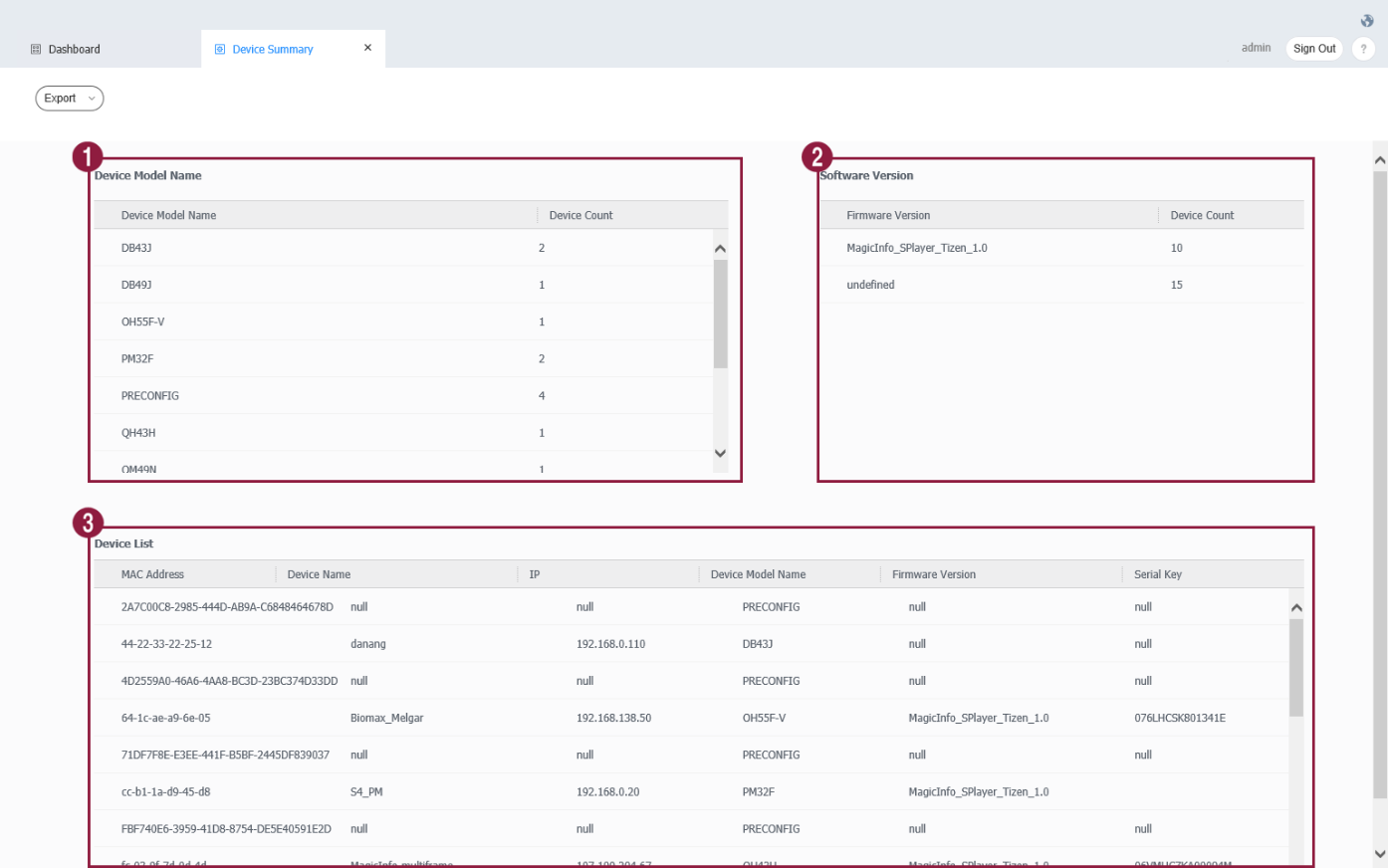 장치 요약 정보 보기 MagicINFO RM Server Global Site