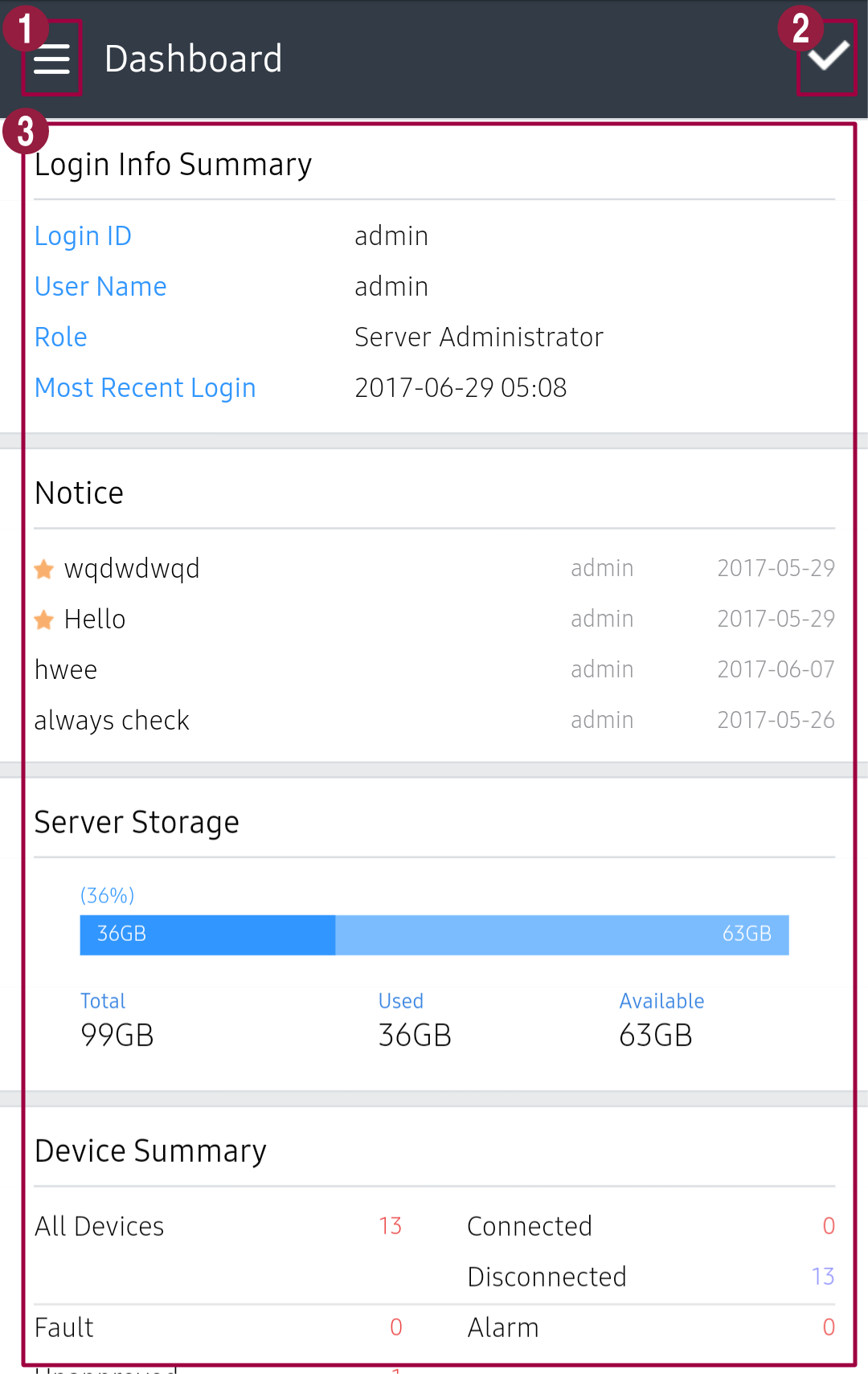 대시보드 화면 구성 MagicINFO Server 8 Global Site
