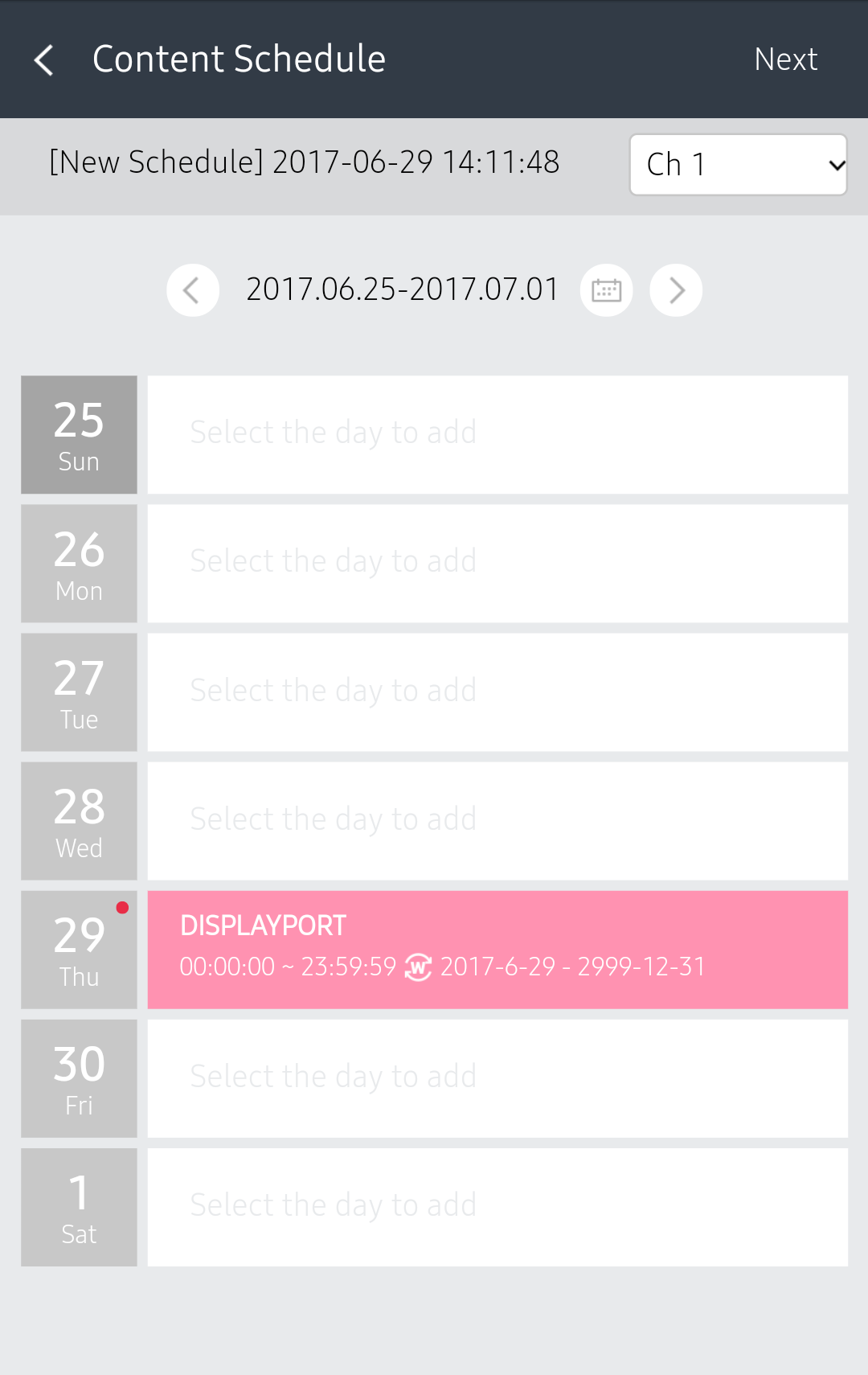 콘텐츠 스케줄 추가하기 - MagicINFO Server 8 - Global Site