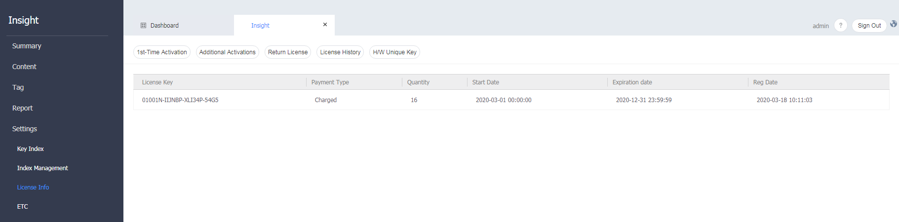 라이선스 정보 - MagicINFO Insight 9 - Global Site